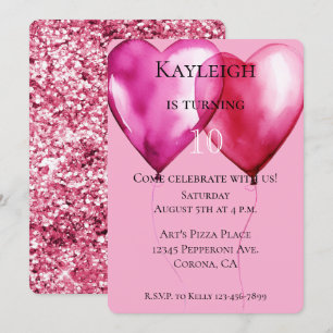 Pink Heart Balloons Birthday Invitation