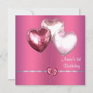 Pink Heart Balloons Girls 1st Birthday Party Invitation