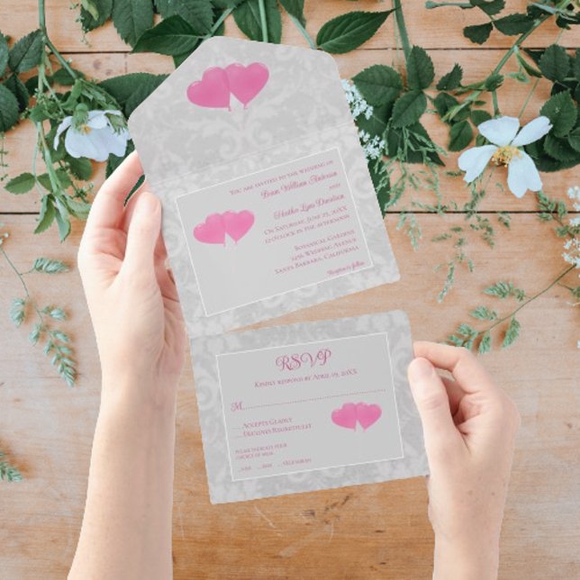 Pink Heart Balloons Wedding All In One Invitation (Pink Heart Balloons Wedding All in One Invitation)