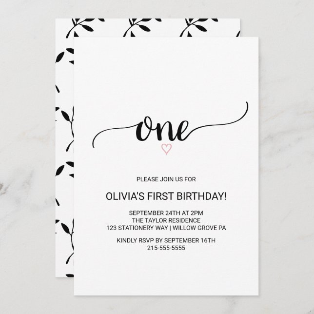 Pink Heart | Black Calligraphy First Birthday Invitation (Front/Back)
