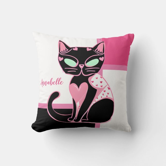 Pink Heart Black Cat Throw Pillow (Front)