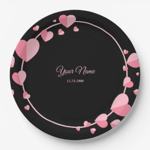 Pink Heart Black Geometric Wedding Party Elegant Paper Plate