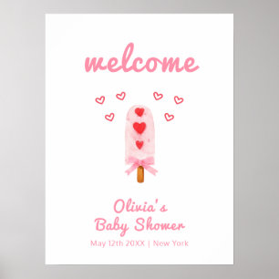 Pink Heart Bow Ice Cream Pop Baby Shower Welcome Poster