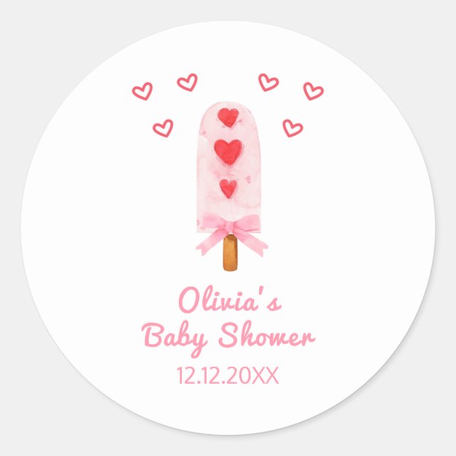 Pink Heart Bow Ice Cream Ready To Pop Baby Shower Classic Round Sticker (Front)