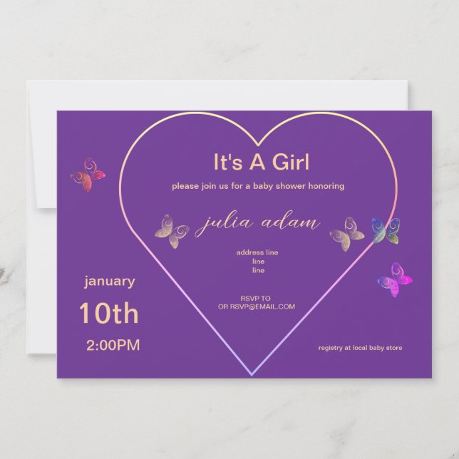Pink Heart Butterfly fille baby shower Invitation (Devant)
