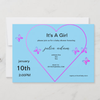 Pink Heart Butterfly girl baby shower Invitation