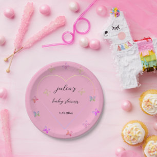 Pink Heart Butterfly girl baby shower Paper Plate