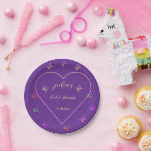 Pink Heart Butterfly girl baby shower  Paper Plate