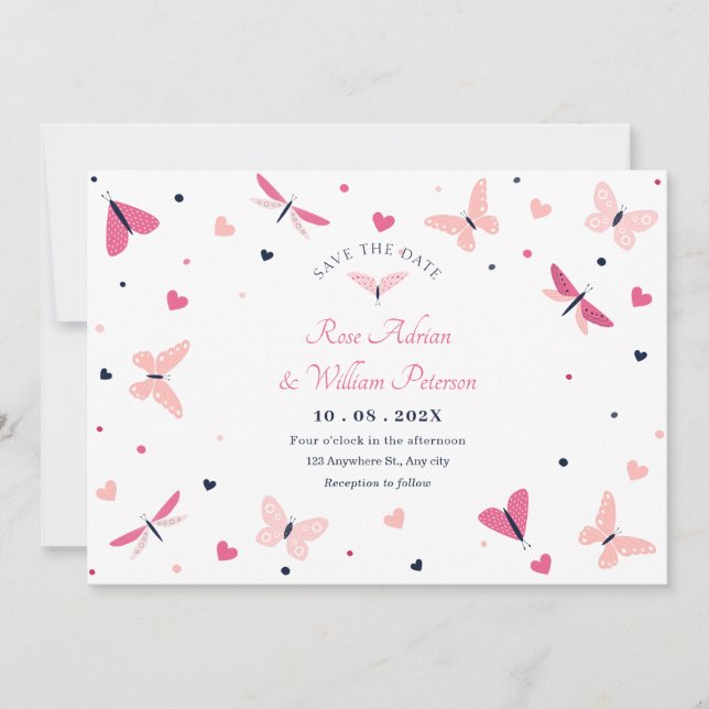 Pink heart butterfly wedding save the date (Front)