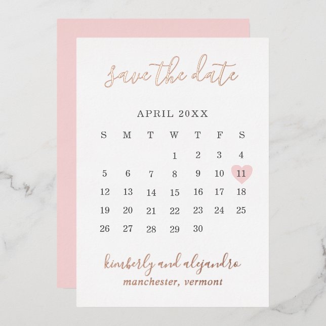 Pink Heart Calender Modern Wedding Save The Date (Front/Back)