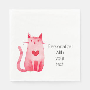 Pink Heart Cat Personalized Napkin