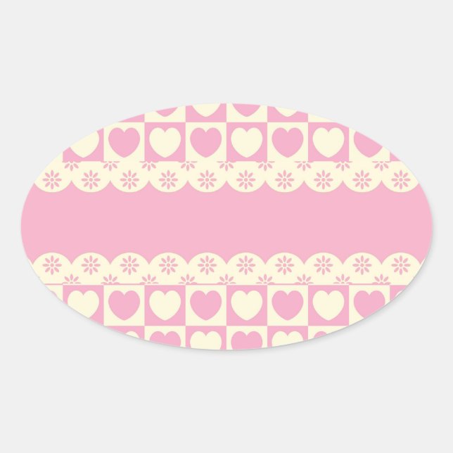 Pink Heart Chequered Oval Sticker (Front)