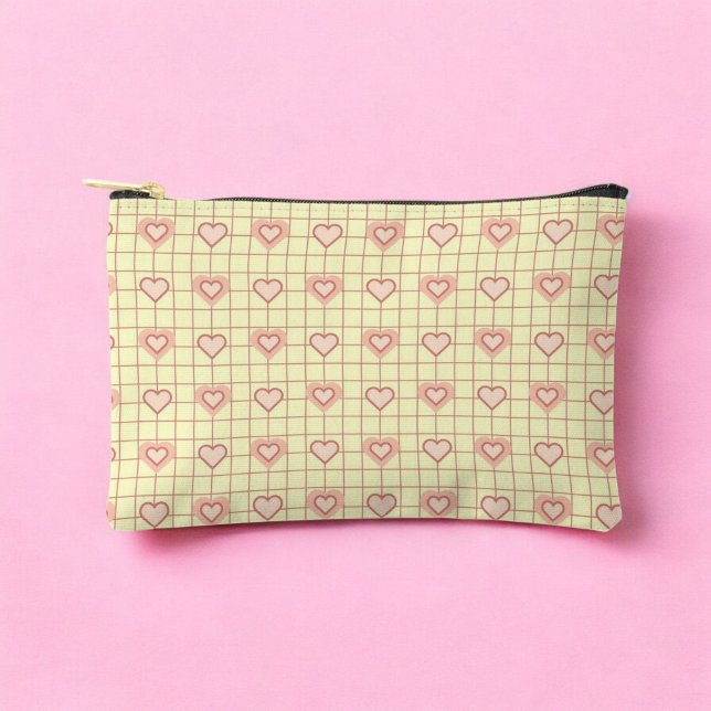 Pink Heart Chequered Pattern Valentine's Day Accessory Pouch (Pink Heart Checkered Pattern Valentine's Day Accessory Pouch)