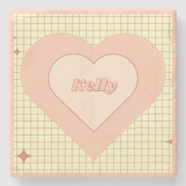 Pink Heart Chequered Pattern Valentine's Day Stone Coaster (Front)