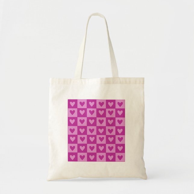 Pink heart chequered tote bag. bag (Front)