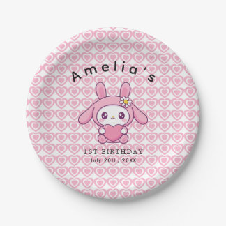 Pink heart Chic Bunny simple Girl Birthday Paper Plate
