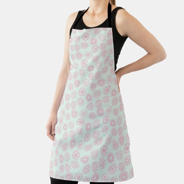 Pink Heart Circles on Light Mint Green Apron (Insitu)