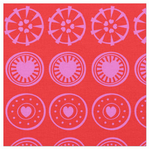 Pink Heart Circles on Red Background Fabric