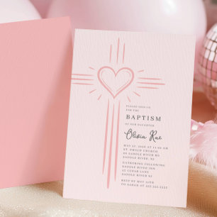 Pink Heart Cross Baptism Invitation