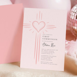 Pink Heart Cross First Communion Invitation