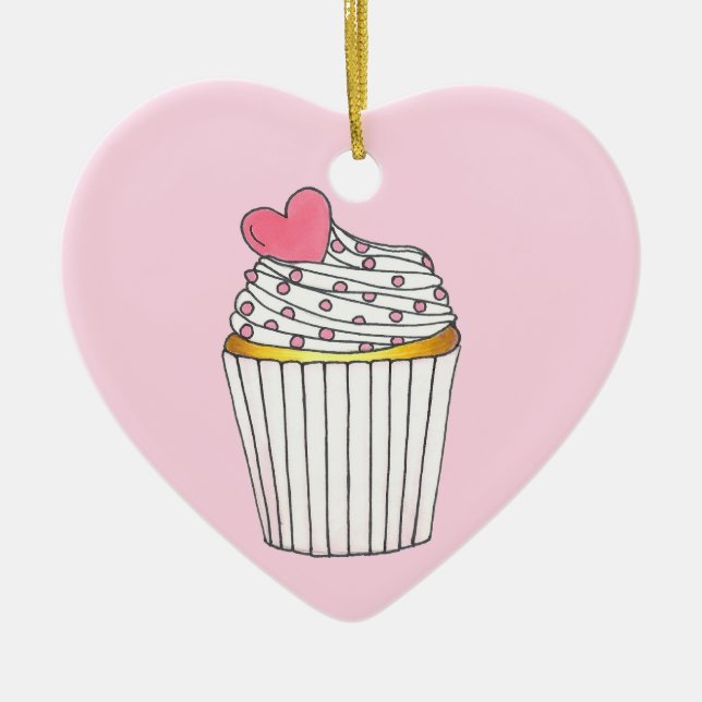 Pink Heart Cupcake Bridal Baby Shower Celebration Ceramic Ornament (Front)