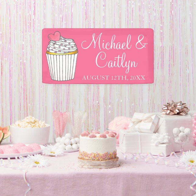 Pink Heart Cupcake Bridal Baby Shower Wedding Banner (Party)
