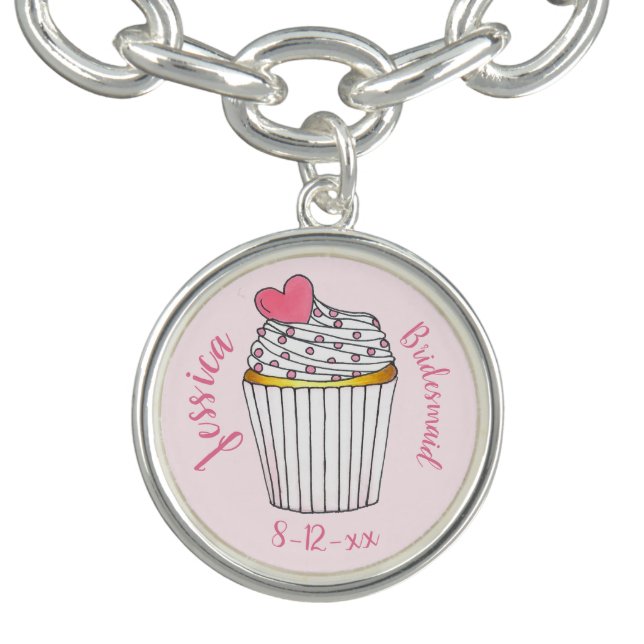 Pink Heart Cupcake Personalized Bridal Party Gift Bracelet (Design)