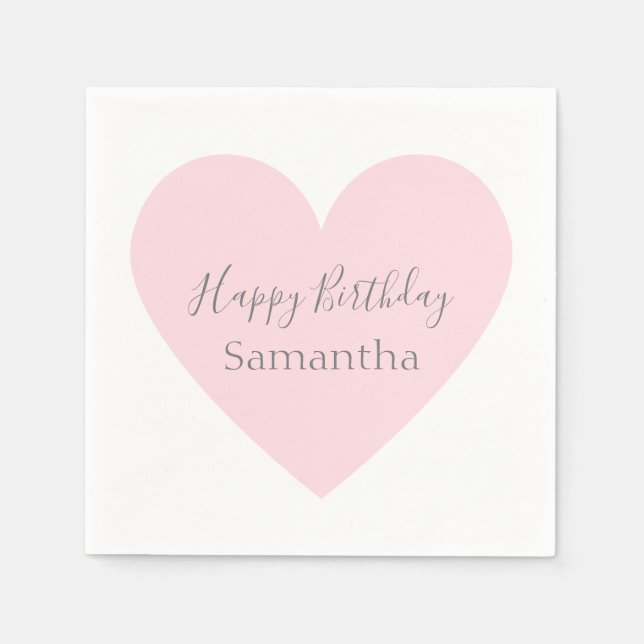 Pink Heart & Customized Grey Happy Birthday Party Napkin (Front)