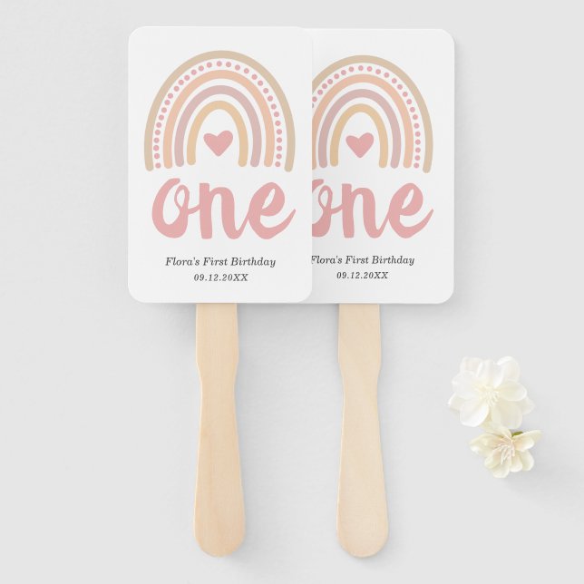 Pink Heart Cute Girl Boho Rainbow First Birthday Hand Fan (Front and Back)