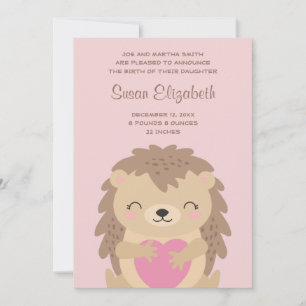 Pink Heart Cute Hedgehog Cartoon Birth Announcement