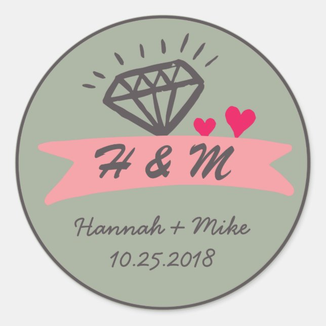 Pink Heart Diamond Wedding Favour Monogram Sticker (Front)