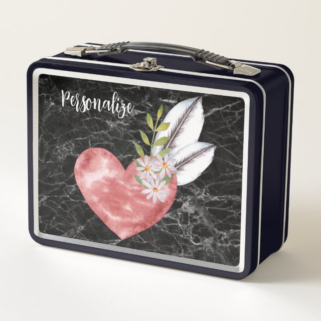 Pink Heart Feathers Black Marble BG Personalized Metal Lunch Box (Front)