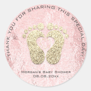 Pink  Heart Feet Baby Shower Favour Thank You Grey Classic Round Sticker
