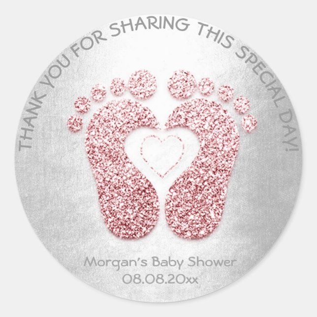 Pink Heart Feet Baby Shower Glitter Thank Grey Gir Classic Round Sticker (Front)