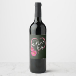 Pink Heart Flowers Mother's Day Wine Bottle Label