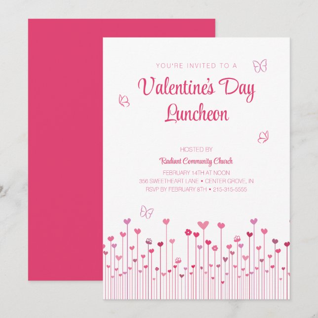 Pink Heart Flowers Valentine's Day Luncheon  Invitation (Front/Back)