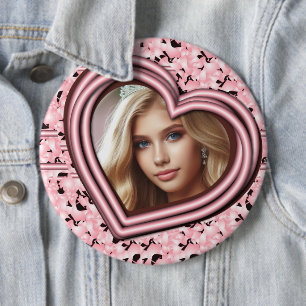 Pink Heart Frame Design Custom Pinback Photo 6 Inch Round Button