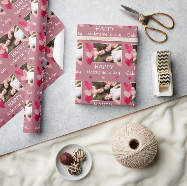 Pink Heart Friend Photo Galentine`s Day Wrapping Paper (Crafts)