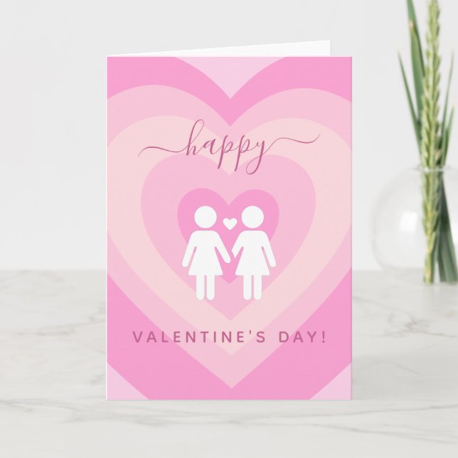Pink Heart Gay Lesbian Couple Valentine's Day Love Card (Front)