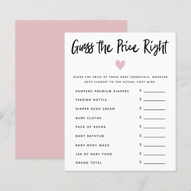 Pink Heart Girl Baby Shower Guess The Price Right (Front/Back)