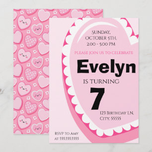 Pink Heart Girl Kids Birthday Party Invitation 