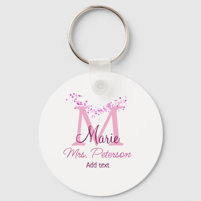 Pink heart glitter monogram teacher Mrs. Modern gi Keychain (Front)
