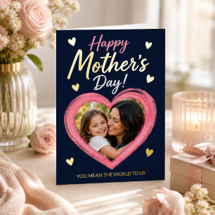 Pink Heart Gold Foil Navy Happy Mother's Day Photo Greeting Card