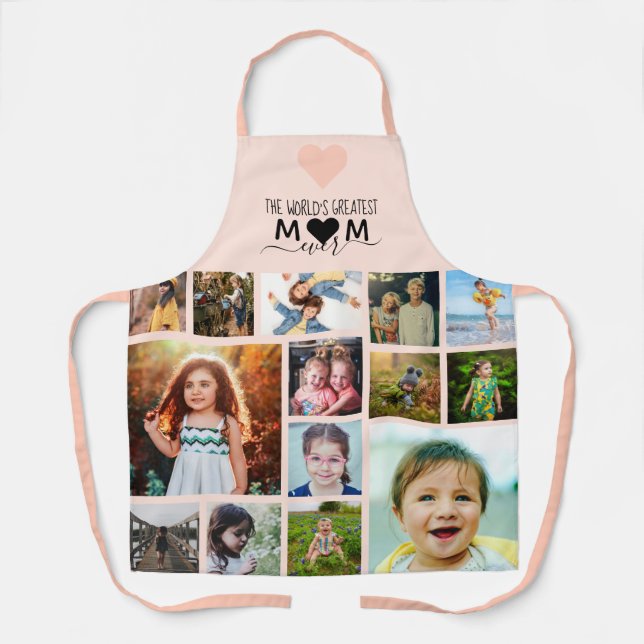 Pink Heart Greatest Mom Ever Photo Collage Apron (Front)