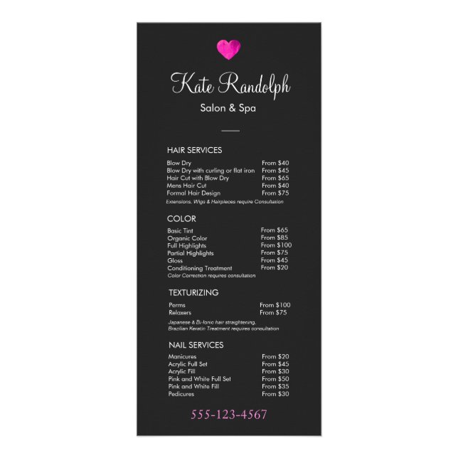 Pink Heart Hair Salon Black Price List Menu (Front)