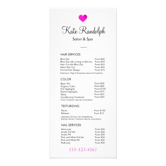 Pink Heart Hair Stylist White Price List Menu Zazzle Ca