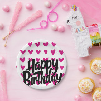Pink Heart Happy Birthday Paper Plate