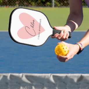 Pink Heart I Love Pickleball Custom Name Paddle