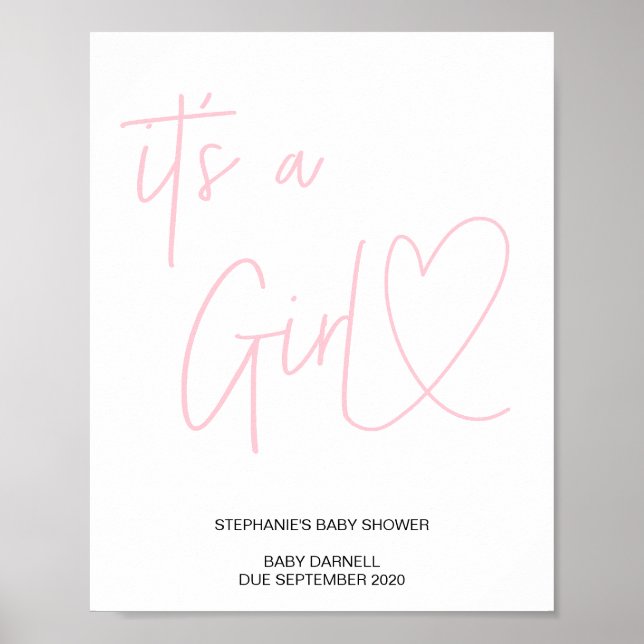 Pink Heart It's a Girl Baby Shower Welcome Sign (Front)