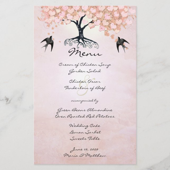 Pink Heart Leaf Tree Wedding Menu (Front)